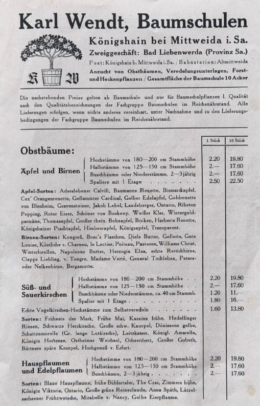 Preisliste Baumschule Karl Wendt in Mittweida, 1935
